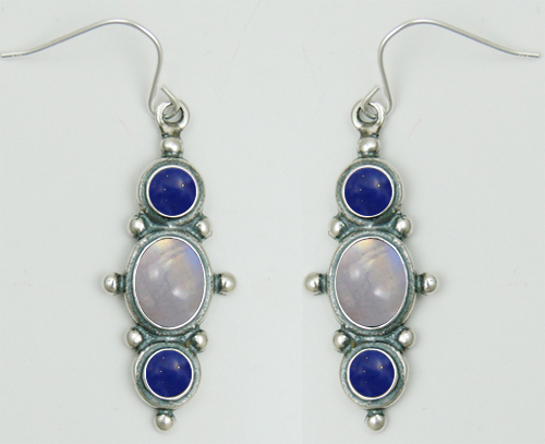 Sterling Silver Drop Dangle Earrings With Rainbow Moonstone And Lapis Lazuli